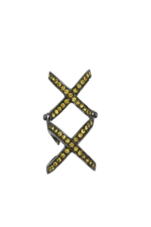 Yellow crystal-embellished gunmetal stacked criss-cross ring