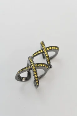 Yellow crystal-embellished gunmetal stacked criss-cross ring