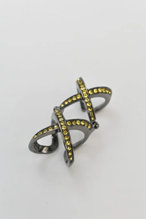 Yellow crystal-embellished gunmetal stacked criss-cross ring