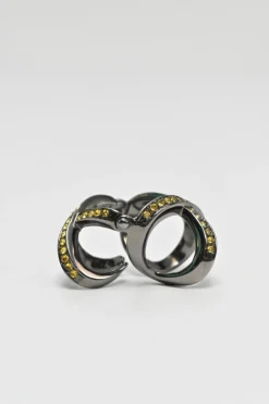 Yellow crystal-embellished gunmetal stacked criss-cross ring