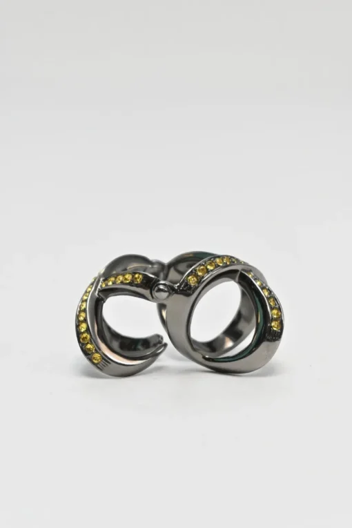 Yellow crystal-embellished gunmetal stacked criss-cross ring