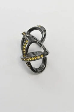 Yellow crystal-embellished gunmetal stacked criss-cross ring