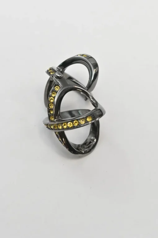 Yellow crystal-embellished gunmetal stacked criss-cross ring