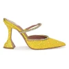 Yellow glitter-bonded leather and strass pointed-toe Gilda Mules with signature sculpted comma heels