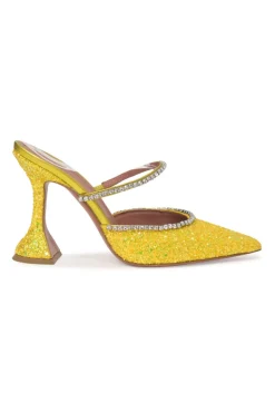 Yellow glitter-bonded leather and strass pointed-toe Gilda Mules with signature sculpted comma heels