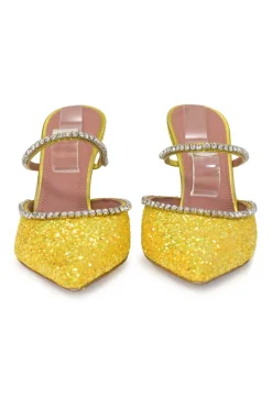 Yellow glitter-bonded leather and strass pointed-toe Gilda Mules with signature sculpted comma heels