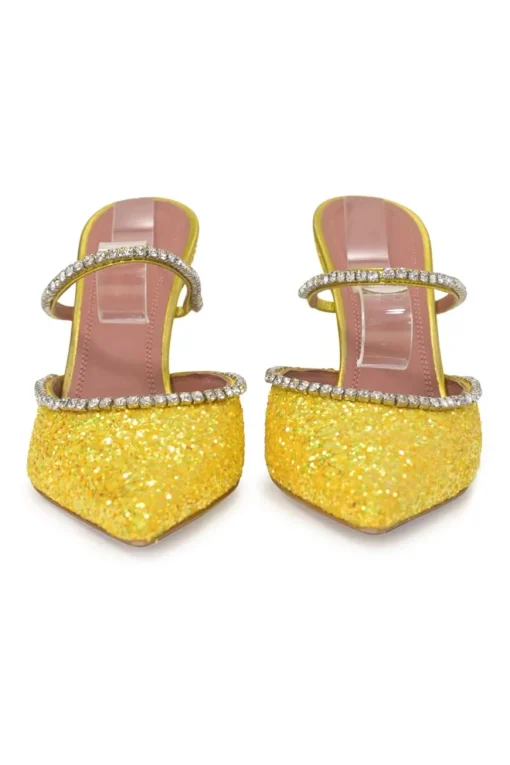 Yellow glitter-bonded leather and strass pointed-toe Gilda Mules with signature sculpted comma heels