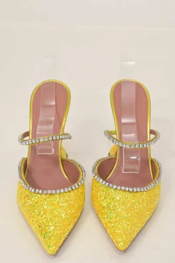 Yellow glitter-bonded leather and strass pointed-toe Gilda Mules with signature sculpted comma heels
