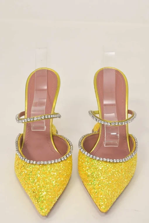 Yellow glitter-bonded leather and strass pointed-toe Gilda Mules with signature sculpted comma heels