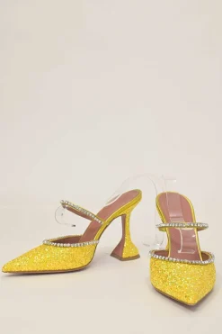 Yellow glitter-bonded leather and strass pointed-toe Gilda Mules with signature sculpted comma heels