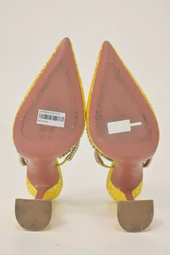 Yellow glitter-bonded leather and strass pointed-toe Gilda Mules with signature sculpted comma heels