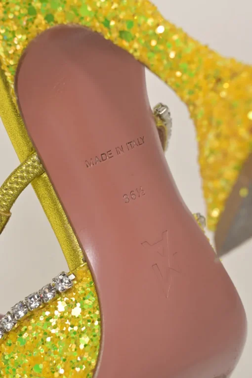 Yellow glitter-bonded leather and strass pointed-toe Gilda Mules with signature sculpted comma heels