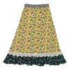 Yellow lace-trimmed polyester mixed print paneled A-line midi skirt