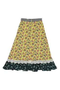 Yellow lace-trimmed polyester mixed print paneled A-line midi skirt