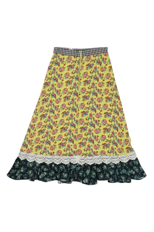 Yellow lace-trimmed polyester mixed print paneled A-line midi skirt