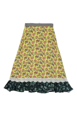 Yellow lace-trimmed polyester mixed print paneled A-line midi skirt