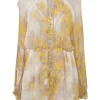 Yellow layered crinkle silk floral print georgette button-loop blouson romper with ruffled collar and cuffs