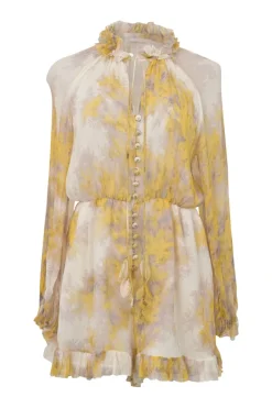 Yellow layered crinkle silk floral print georgette button-loop blouson romper with ruffled collar and cuffs