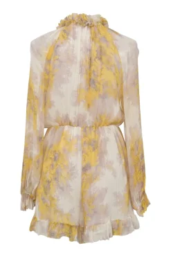 Yellow layered crinkle silk floral print georgette button-loop blouson romper with ruffled collar and cuffs