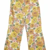 Yellow linen floral print belted crop flared trousers