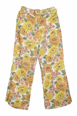 Yellow linen floral print belted crop flared trousers