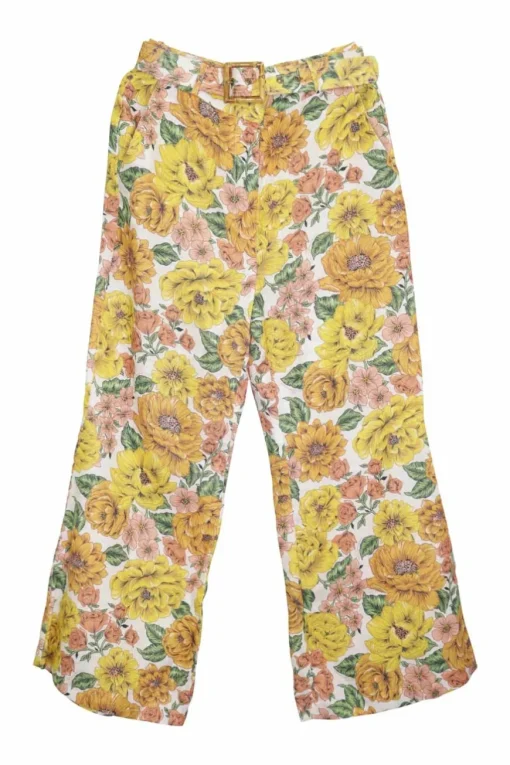 Yellow linen floral print belted crop flared trousers