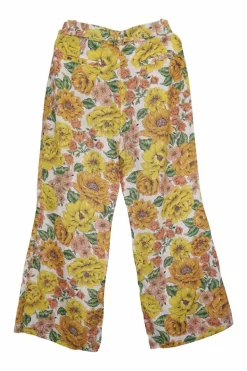 Yellow linen floral print belted crop flared trousers