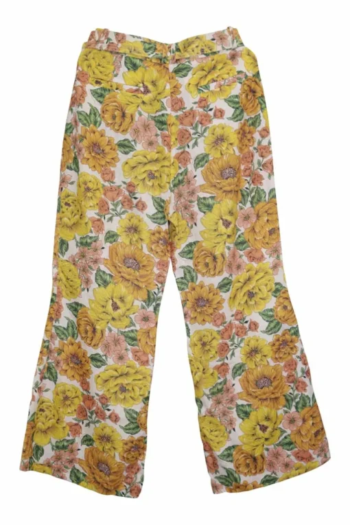 Yellow linen floral print belted crop flared trousers