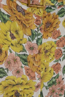 Yellow linen floral print belted crop flared trousers