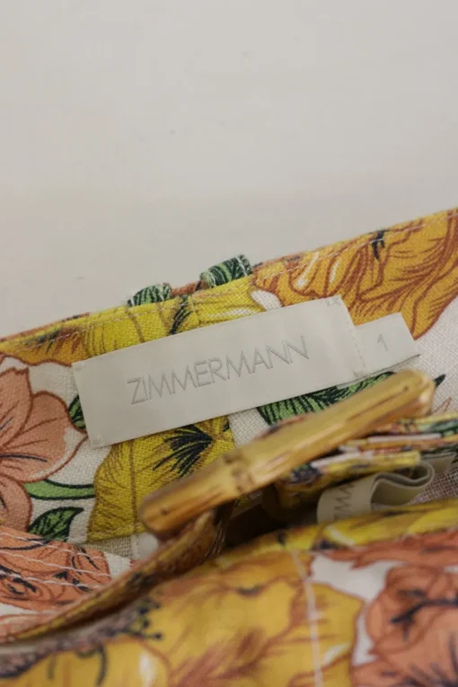 Yellow linen floral print belted crop flared trousers