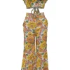 Yellow linen Poppy print two-piece set featuring off-shoulder ruffle bustier top and belted wide-leg pants