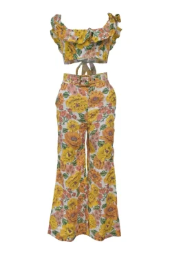 Yellow linen Poppy print two-piece set featuring off-shoulder ruffle bustier top and belted wide-leg pants