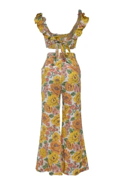 Yellow linen Poppy print two-piece set featuring off-shoulder ruffle bustier top and belted wide-leg pants