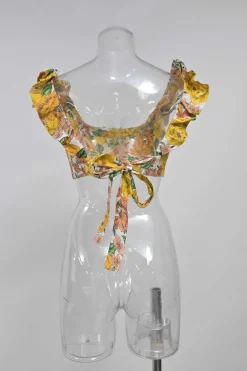 Yellow linen Poppy print two-piece set featuring off-shoulder ruffle bustier top and belted wide-leg pants