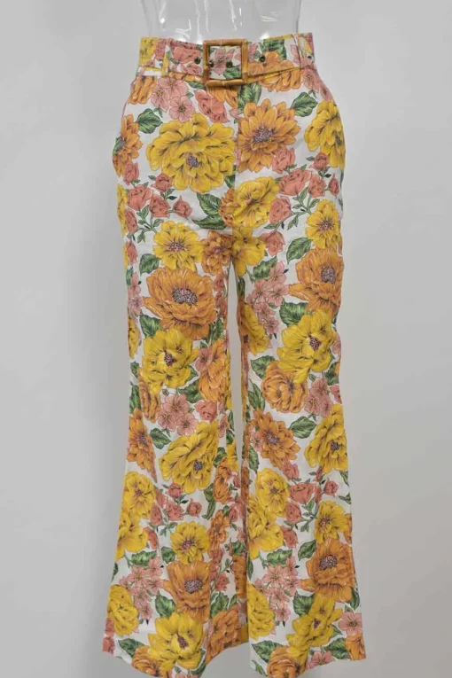 Yellow linen Poppy print two-piece set featuring off-shoulder ruffle bustier top and belted wide-leg pants
