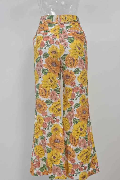 Yellow linen Poppy print two-piece set featuring off-shoulder ruffle bustier top and belted wide-leg pants