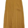 Yellow linen-blend A-line midi skirt with adjustable pull tab belt, hip, and rear patch pockets