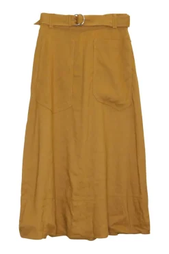 Yellow linen-blend A-line midi skirt with adjustable pull tab belt, hip, and rear patch pockets