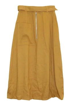 Yellow linen-blend A-line midi skirt with adjustable pull tab belt, hip, and rear patch pockets
