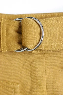 Yellow linen-blend A-line midi skirt with adjustable pull tab belt, hip, and rear patch pockets