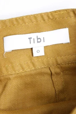 Yellow linen-blend A-line midi skirt with adjustable pull tab belt, hip, and rear patch pockets
