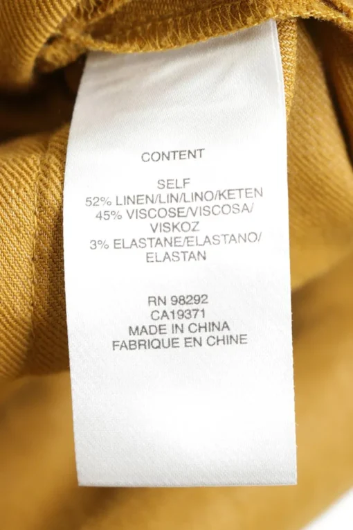 Yellow linen-blend A-line midi skirt with adjustable pull tab belt, hip, and rear patch pockets