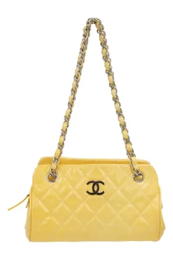 Yellow padded patent leather rectangular shoulder chain bag