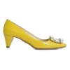 Yellow patent leather square-toe crystal-embellished buckle court shoes