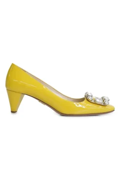 Yellow patent leather square-toe crystal-embellished buckle court shoes