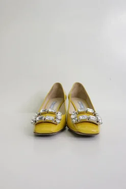 Yellow patent leather square-toe crystal-embellished buckle court shoes