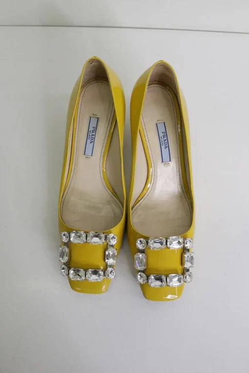 Yellow patent leather square-toe crystal-embellished buckle court shoes