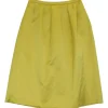 Yellow polyester satin pull-on draped circle skirt with kick pleat back