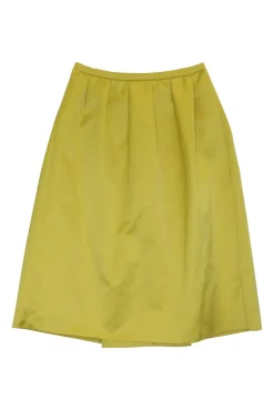 Yellow polyester satin pull-on draped circle skirt with kick pleat back