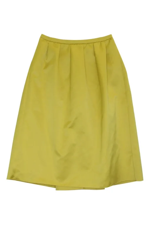 Yellow polyester satin pull-on draped circle skirt with kick pleat back